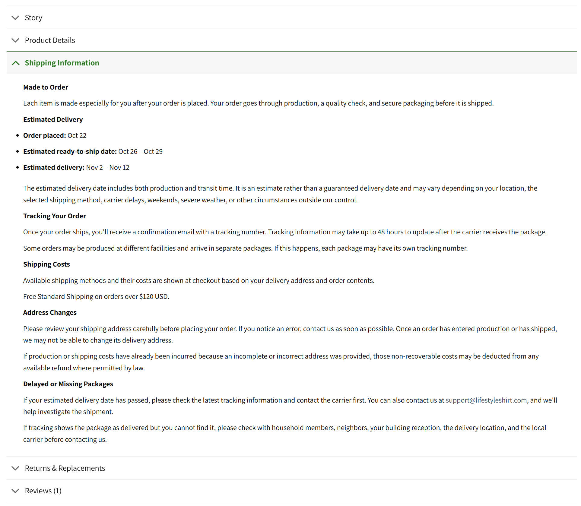 Product Sections screenshot