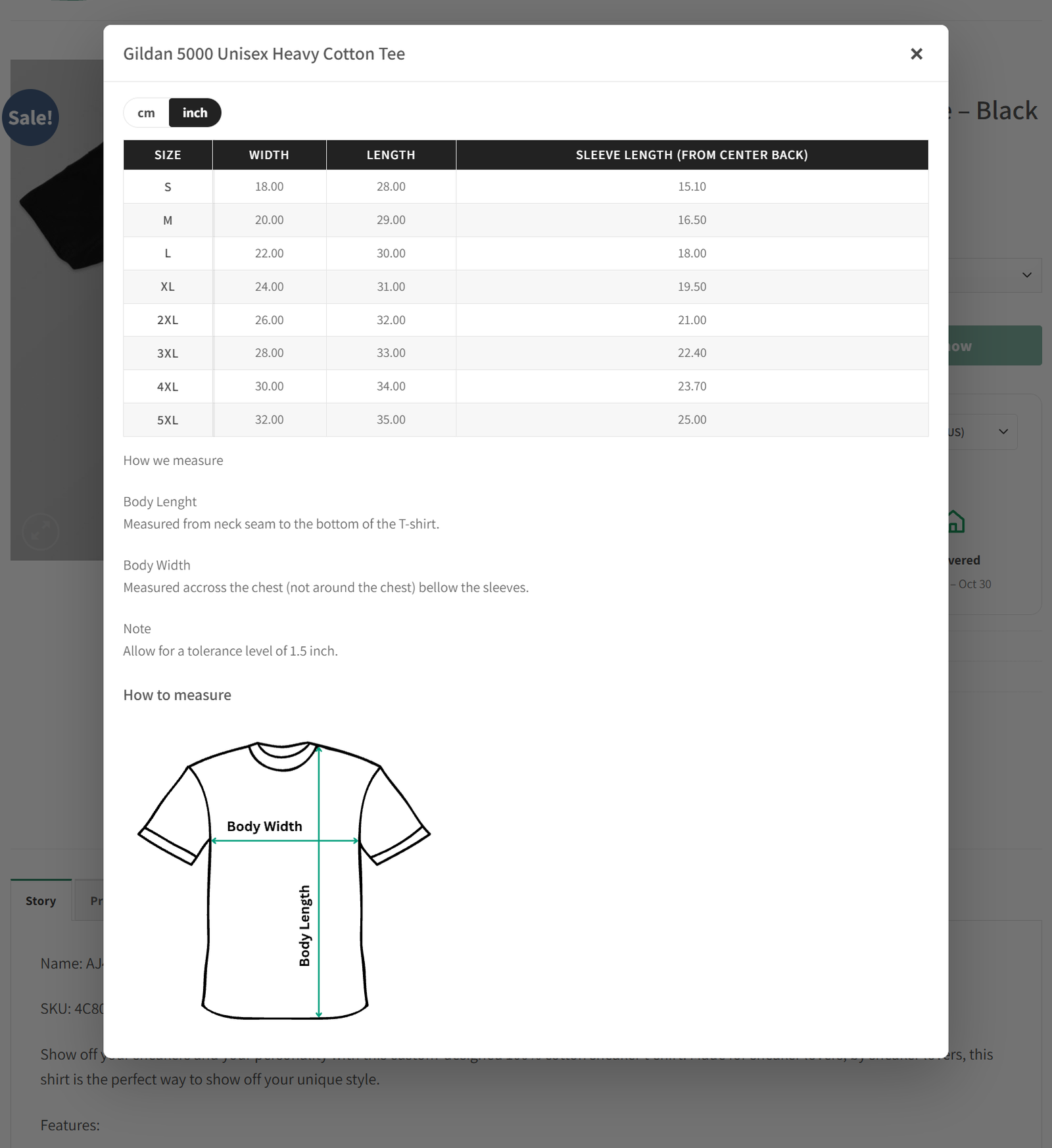 Size Chart screenshot