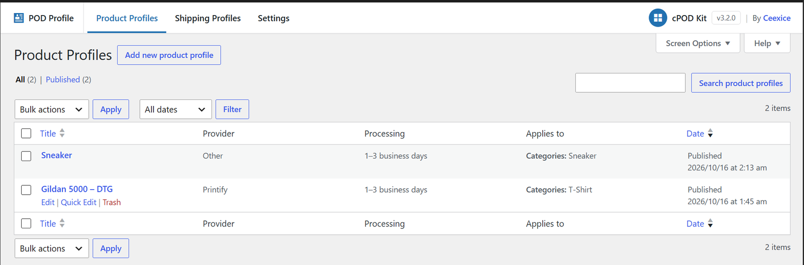 POD Profile screenshot